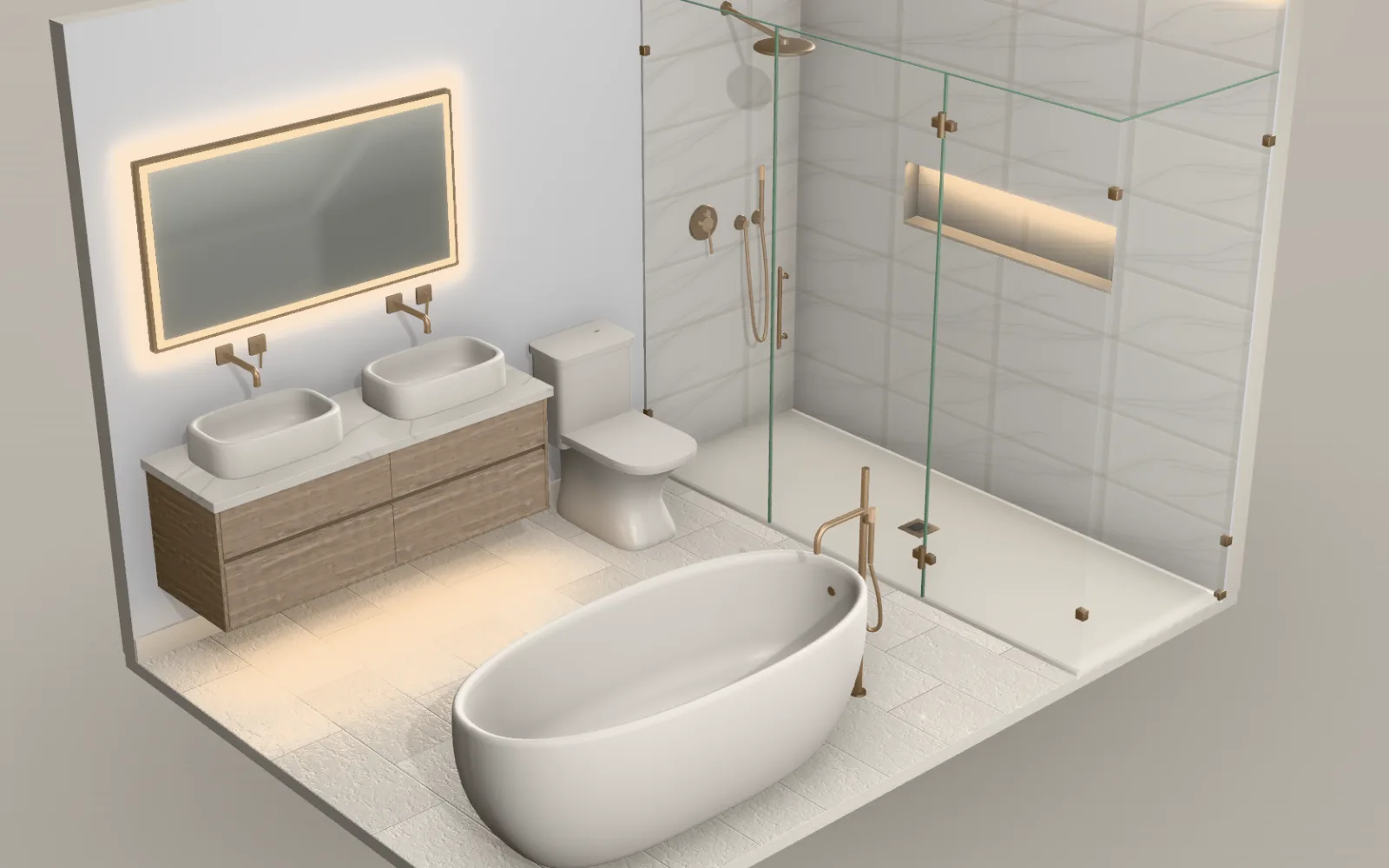 A finished bathroom built in the estimator: a double vanity with a backlit mirror, a freestanding soaking tub, and a walk in shower with frameless glass and marble tile.