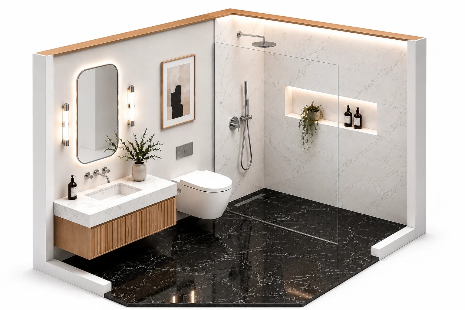 Isometric illustration of a bathroom layout with a walk in shower, a floating wood vanity, marble tile walls, and a dark marble floor, in the style used by the Portland Tile bathroom planner